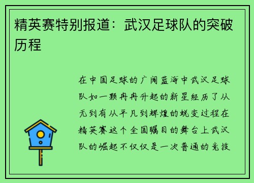 精英赛特别报道：武汉足球队的突破历程